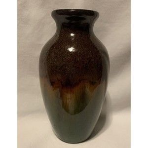 Pottery Bud Vase Brown Glitter Green & Orange Dip Glaze W/Crackle Finish 6”H
